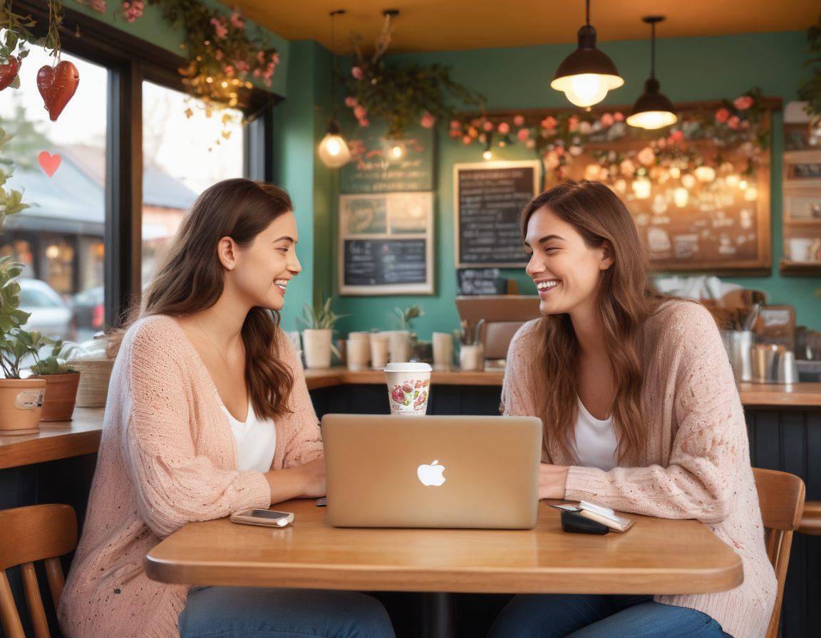 A captivating digital collage featuring a cozy coffee shop scene with two friends sharing a laugh over their laptops. In the background, their social media feeds come alive with romantic symbols like hearts and messages. Intertwined elements of nature, like flowers and vines, represent the blossoming relationship. Use soft pastel colors and warm lighting to evoke a sense of intimacy and connection. illustration. vibrant colors.