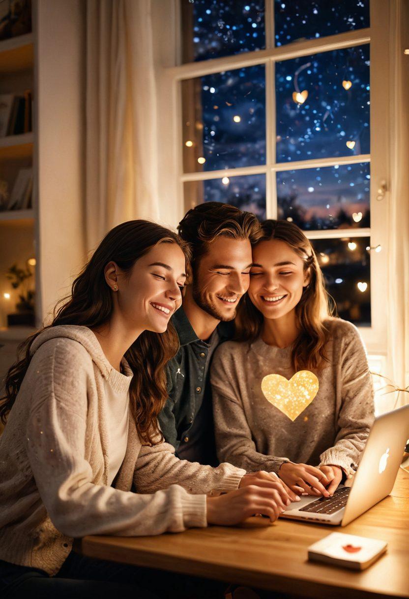 A couple having an intimate video call on their laptops in a cozy room filled with soft lighting and romantic decor. Their expressions show joy and connection, with hearts and warm colors swirling around them, symbolizing online romance. In the background, a window reveals a starry night sky, enhancing the dreamy atmosphere. Illustrate the warmth and excitement of digital love. super-realistic. vibrant colors. cozy ambiance.